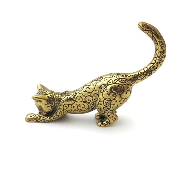1986 Ornate Solid Brass Playing Cat Figurine Small Franklin Mint Taiwan Asian